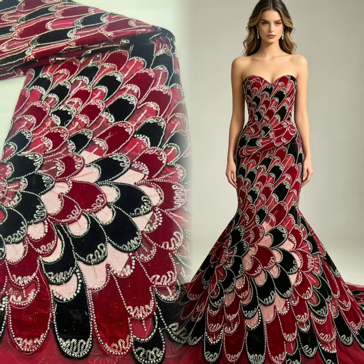 Velvet Fabric Embroidery - 5Yards Red Black Peacock Sequined Velvet