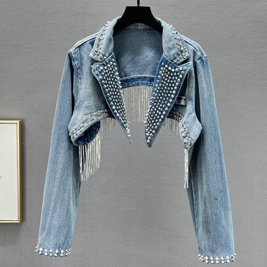 Embroidery Jacket Jeans - Rhinestone Beaded Tassels Rivets Denim Jacket
