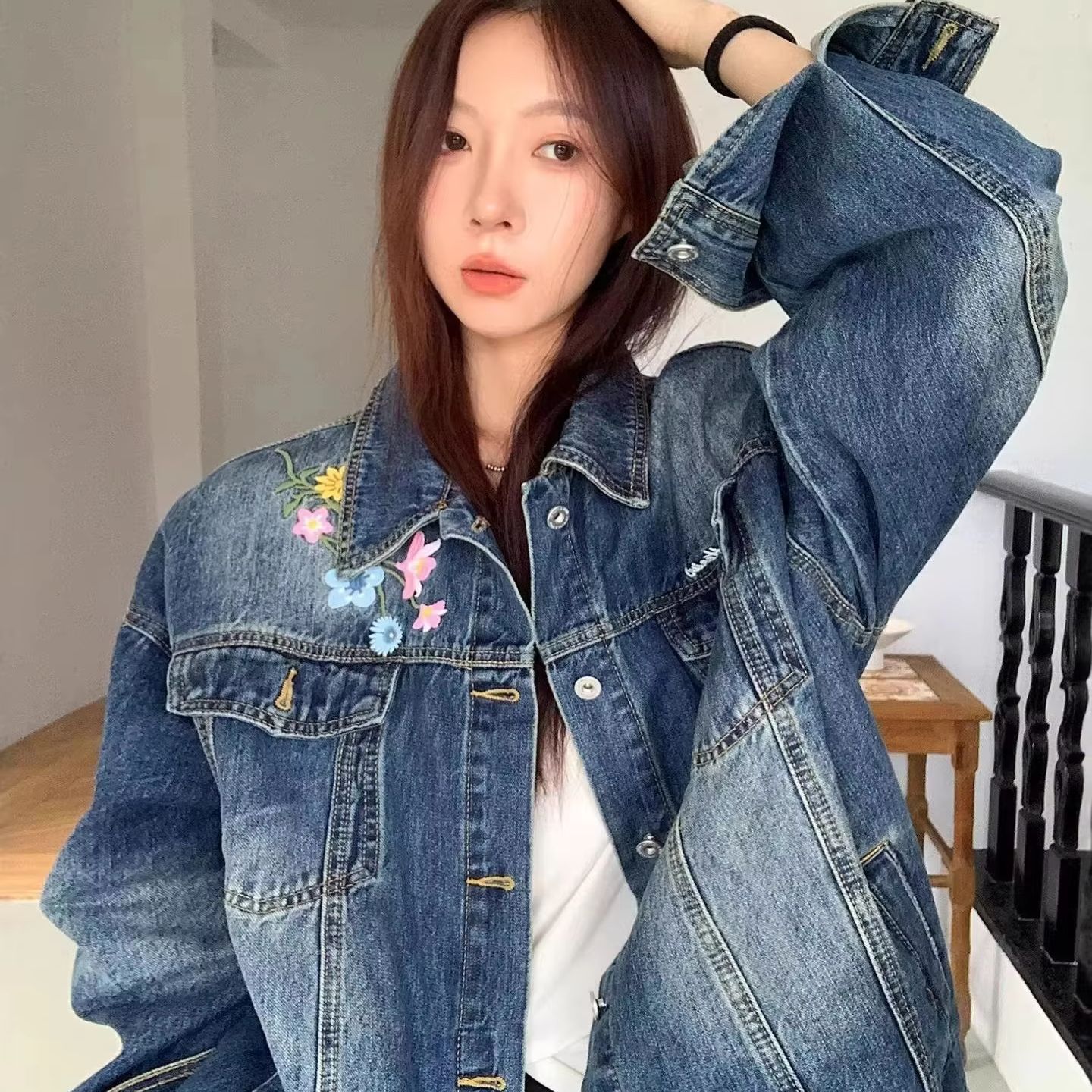 Embroidery Premium - Women Vintage Floral Embroidery Denim Jacket