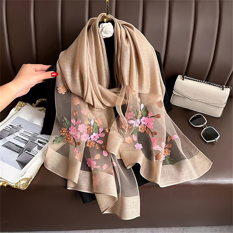 Embroidery Shawl - Women Silk Wool Scarf Floral Embroidery