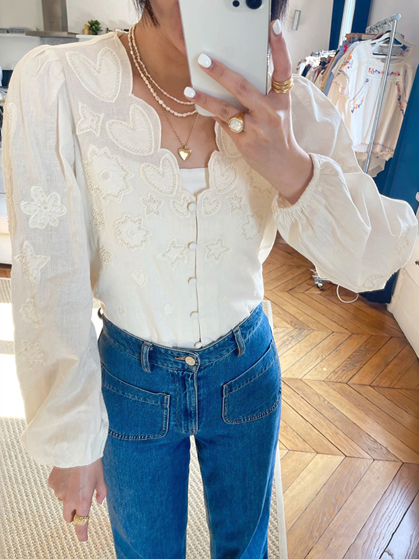 Embroidery Premium - Spring Summer White Beaded Heart Star