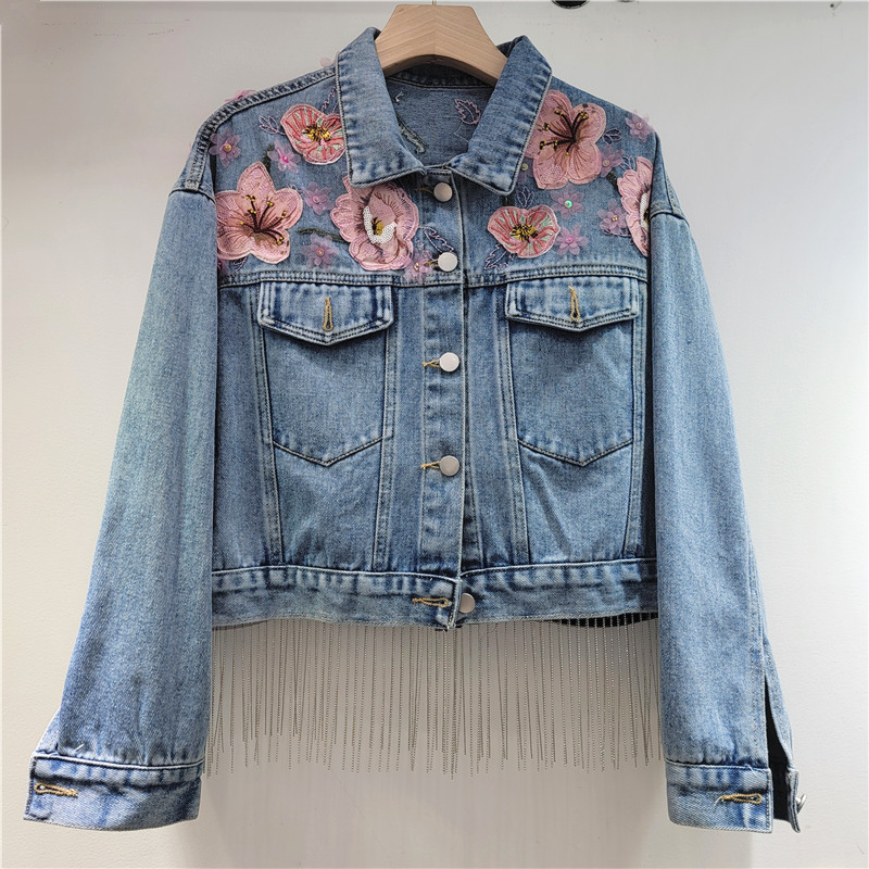 Embroidery Jacket Jeans - Vintage Flower Embroidery Chain Tassel Blue