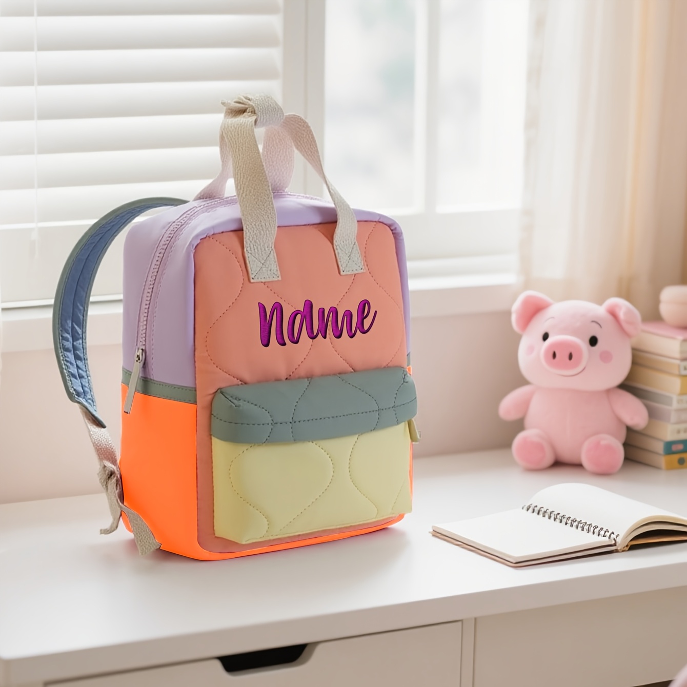 Embroidery Names - Women's Orange-Yellow Color Block Backpack -