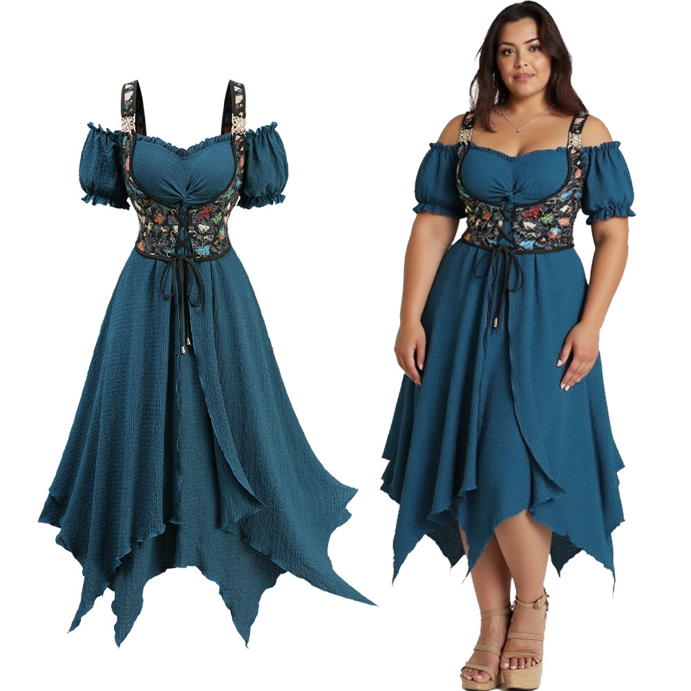 Embroidery Abaya - Plus Size Casual Deep Green Dress