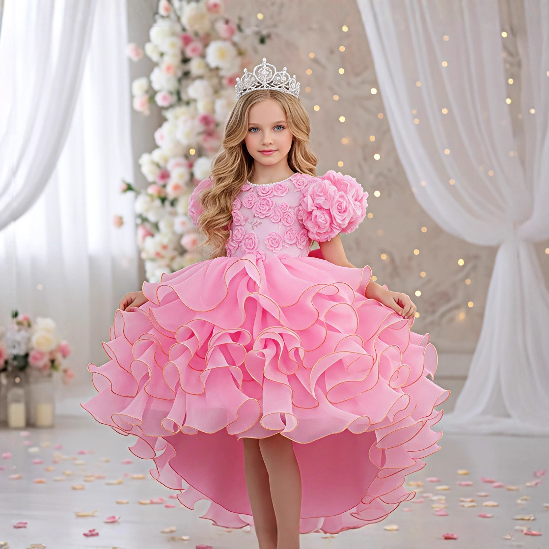 Embroidery Abaya - KLFLGD Girls party dresses pink puff