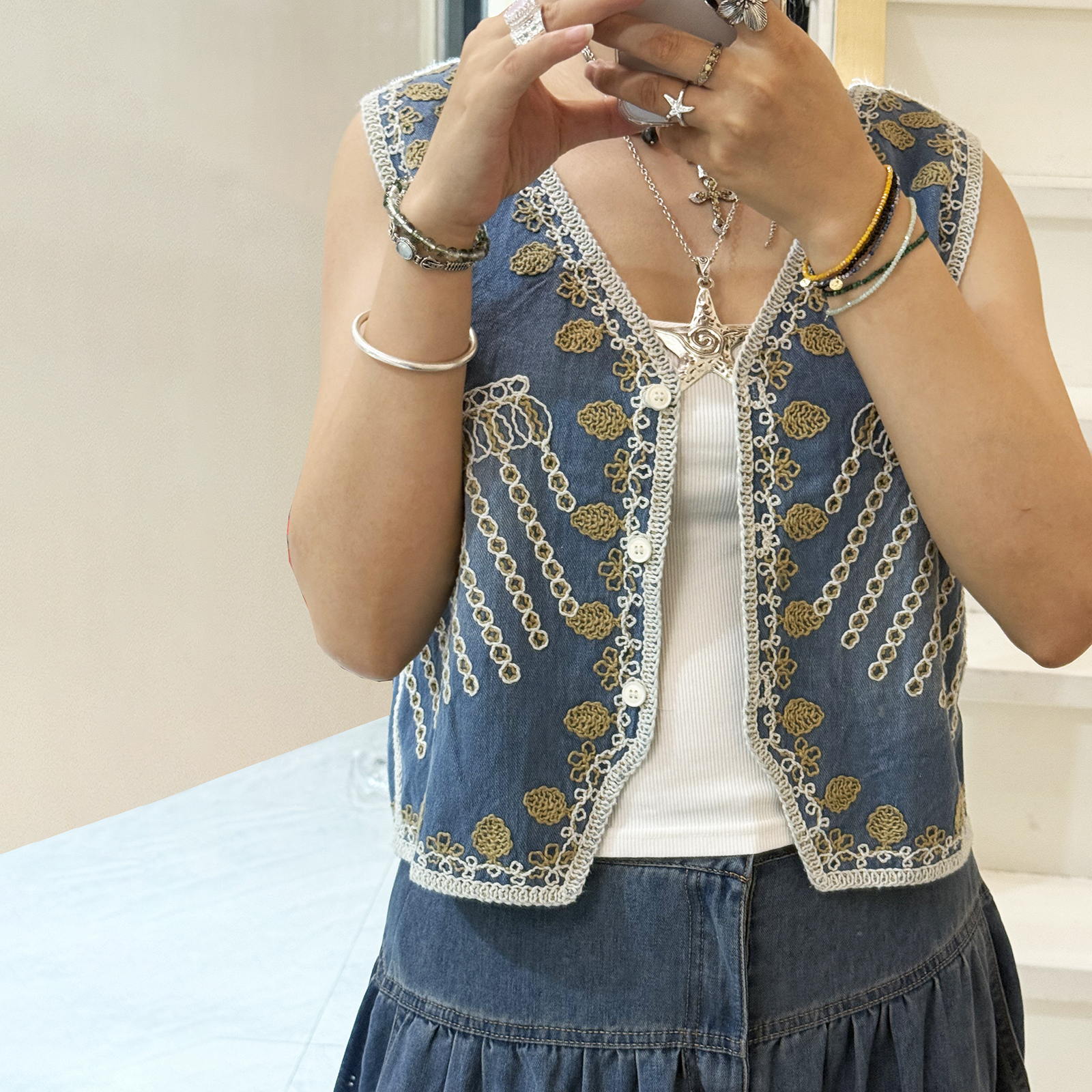 Women Denim Patchwork Vest Jac - Embroidery Jacket Jeans ulasan dan harga