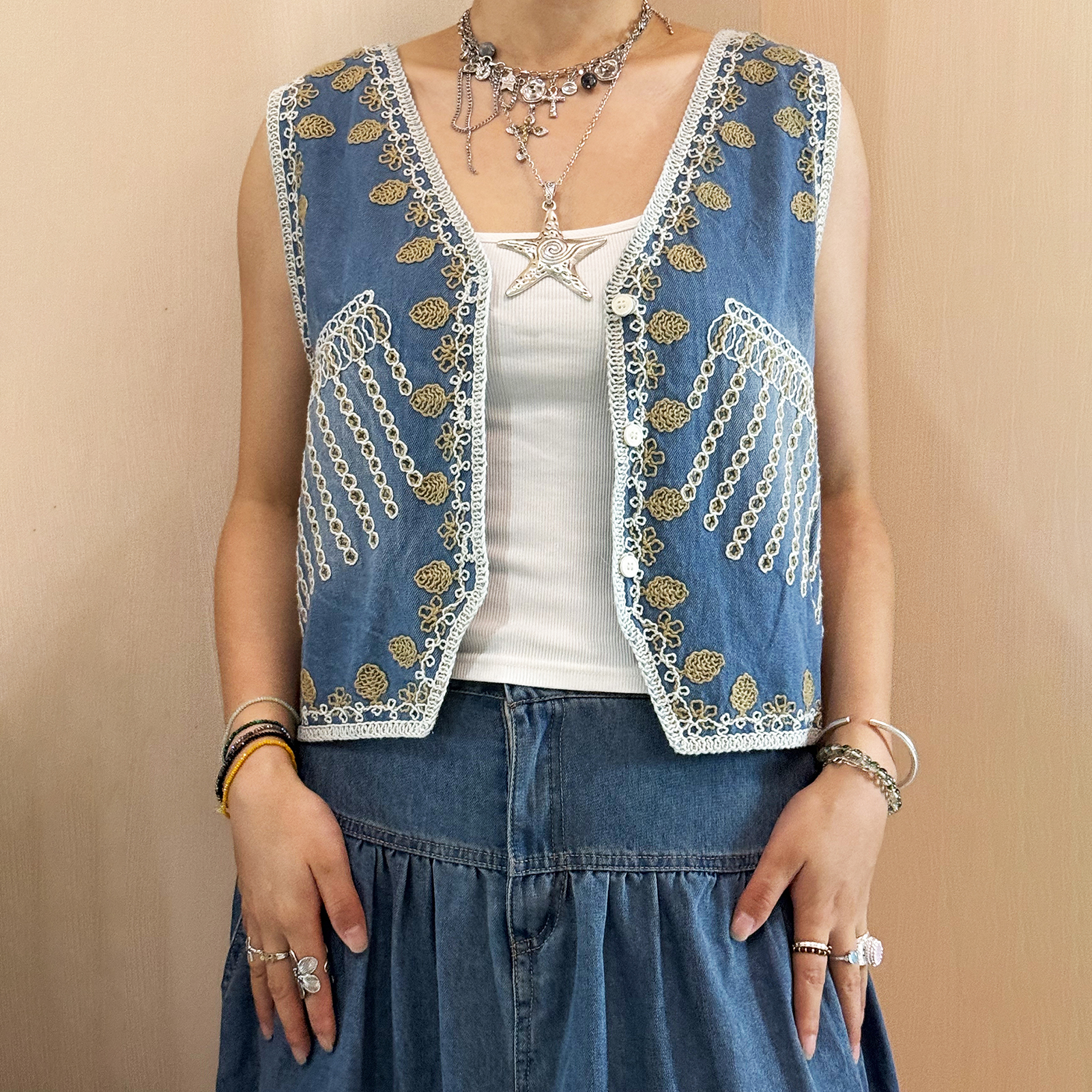 Women Denim Patchwork Vest Jac - Embroidery Jacket Jeans ulasan dan harga