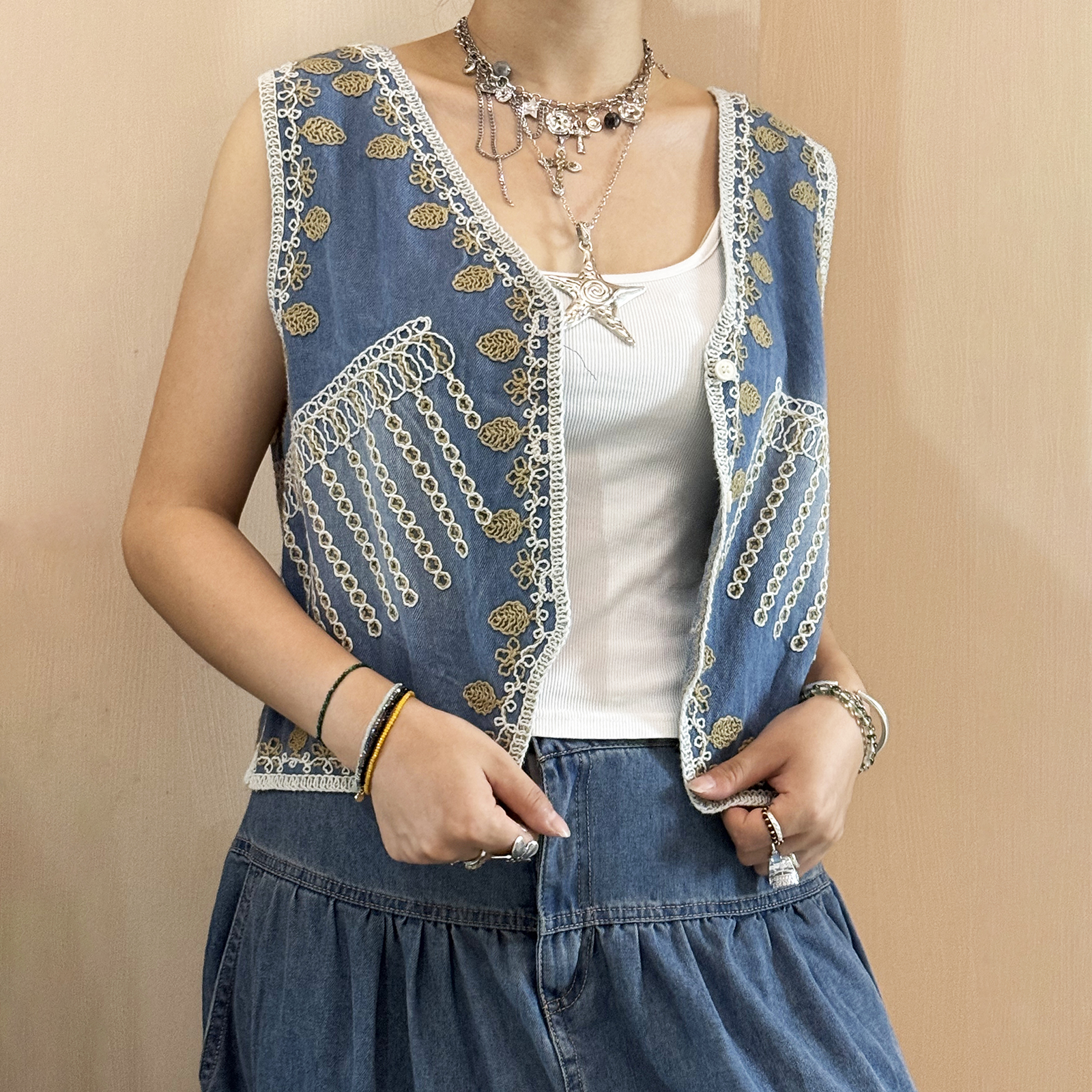 Women Denim Patchwork Vest Jac - Embroidery Jacket Jeans ulasan dan harga