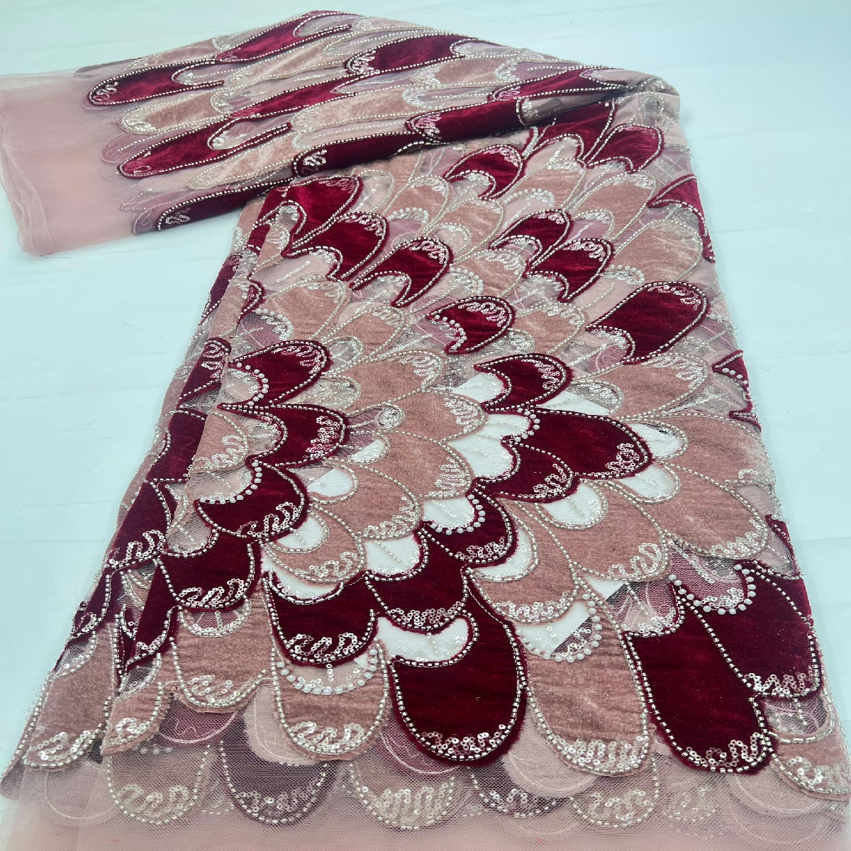 5Yards Red Black Peacock Sequi - Velvet Fabric Embroidery ulasan dan harga