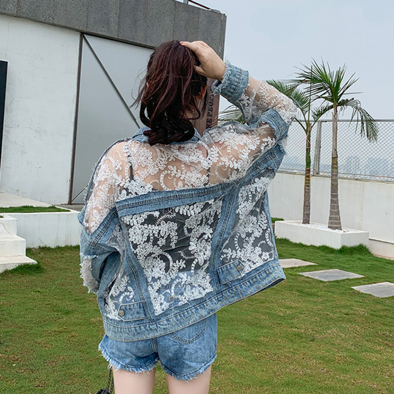 Autumn Fashion Streetwear Lace - Embroidery Jacket Jeans ulasan dan harga