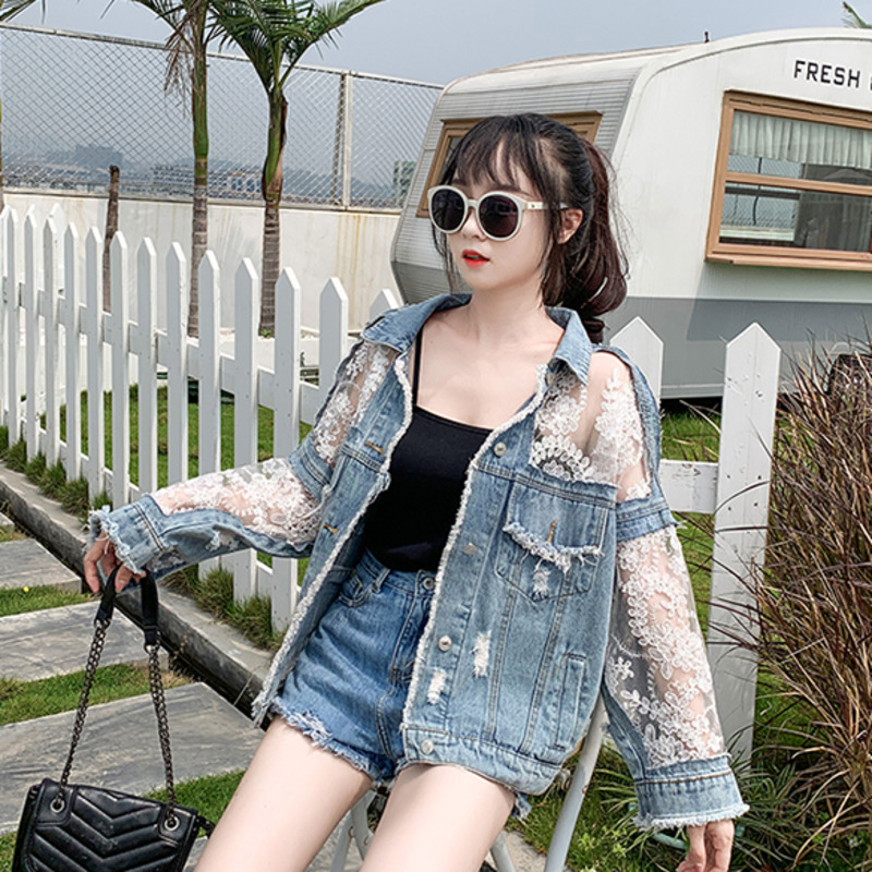 Autumn Fashion Streetwear Lace - Embroidery Jacket Jeans ulasan dan harga