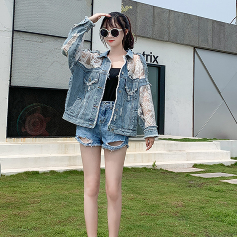 Autumn Fashion Streetwear Lace - Embroidery Jacket Jeans ulasan dan harga