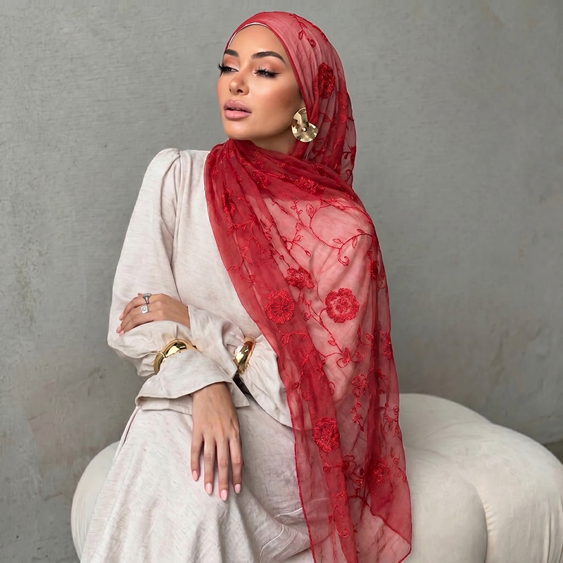Floral Embroidery Muslim Hijab - Embroidery Shawl ulasan dan harga