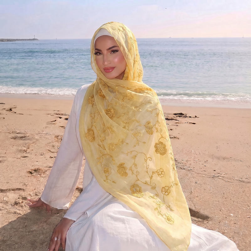 Floral Embroidery Muslim Hijab - Embroidery Shawl ulasan dan harga