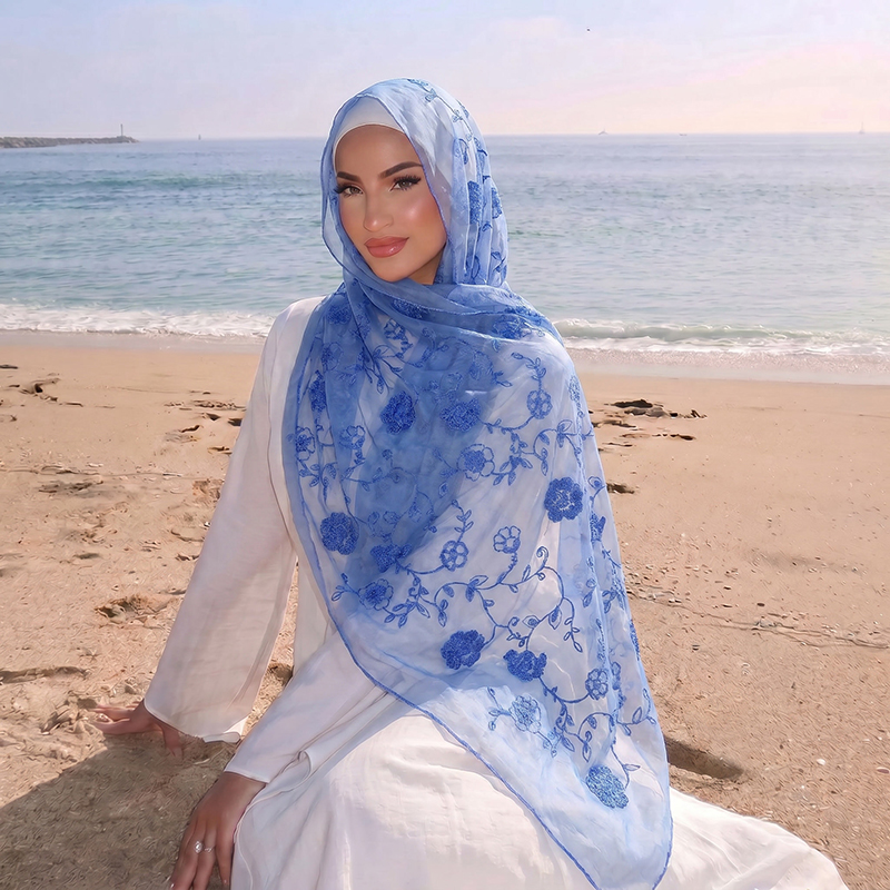 Floral Embroidery Muslim Hijab - Embroidery Shawl ulasan dan harga