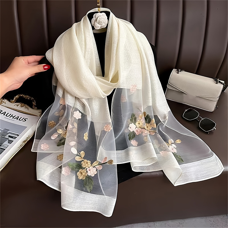 Women Silk Wool Scarf Floral E - Embroidery Shawl ulasan dan harga