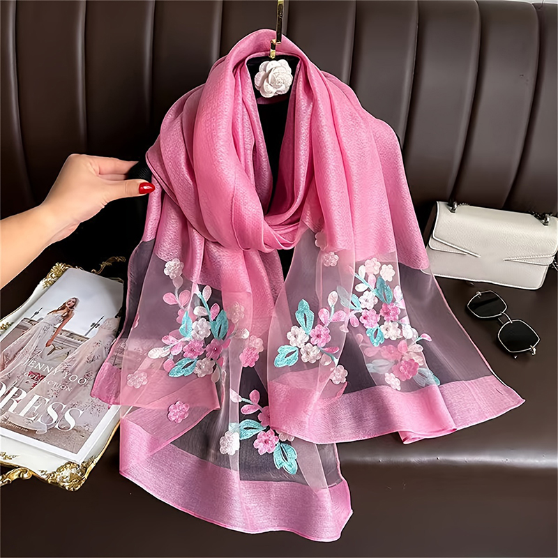 Women Silk Wool Scarf Floral E - Embroidery Shawl ulasan dan harga
