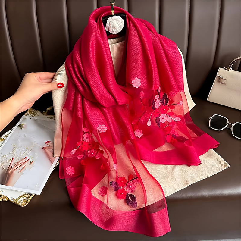Women Silk Wool Scarf Floral E - Embroidery Shawl ulasan dan harga