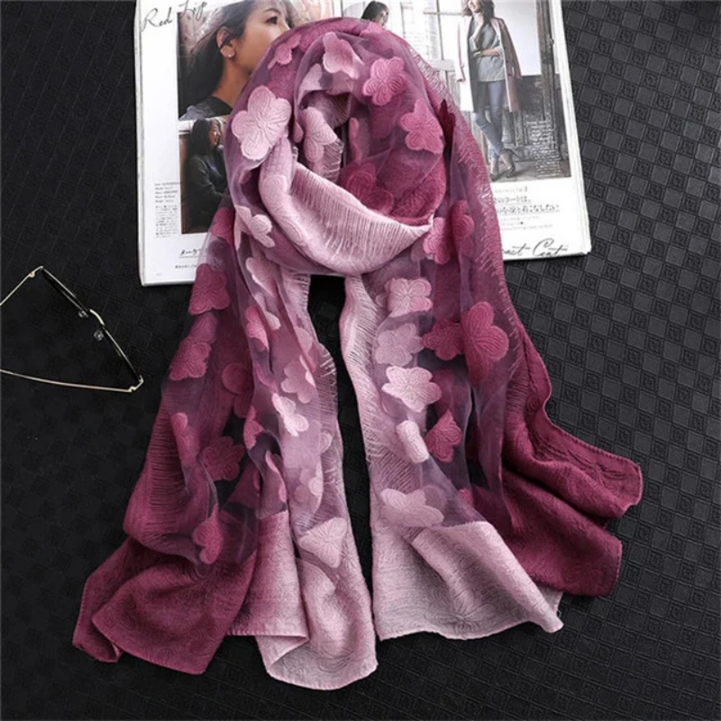 Women Simulation Silk Cut Flow - Embroidery Shawl ulasan dan harga
