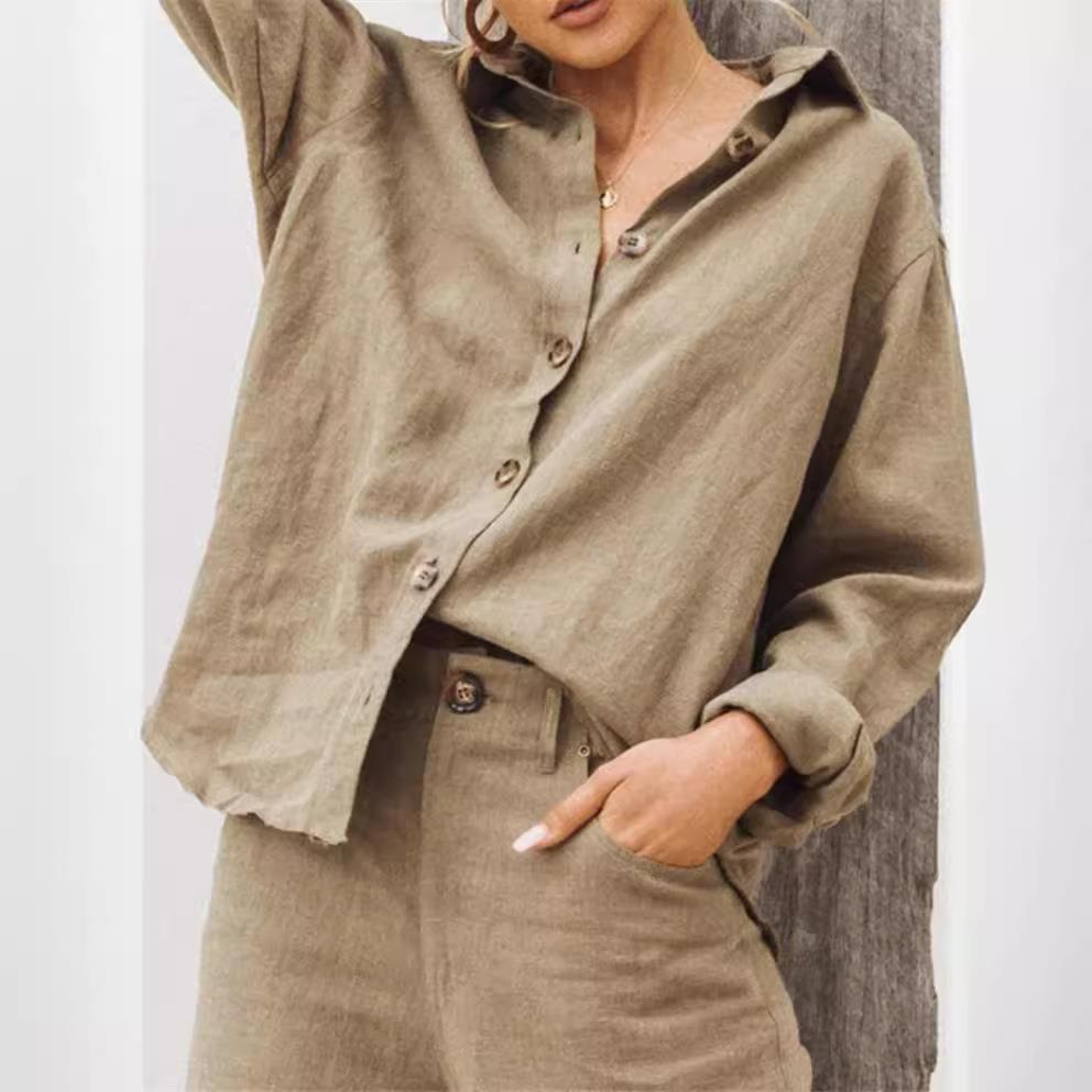 Women's Long Sleeve Cotton Lin - Linen Fabric Natural ulasan dan harga