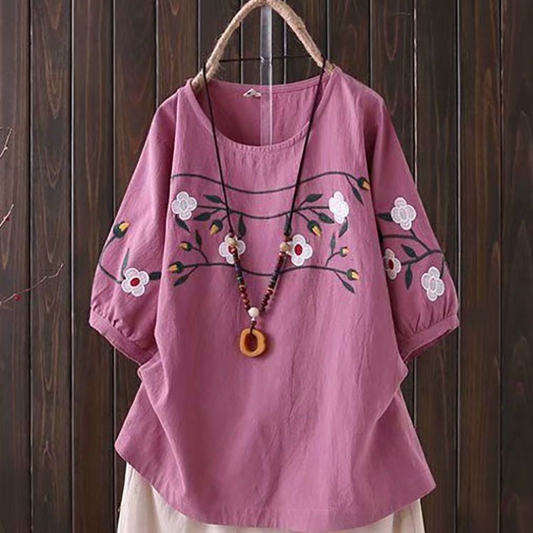 Plus-size Women's Spring and S - Embroidery On Shirt ulasan dan harga