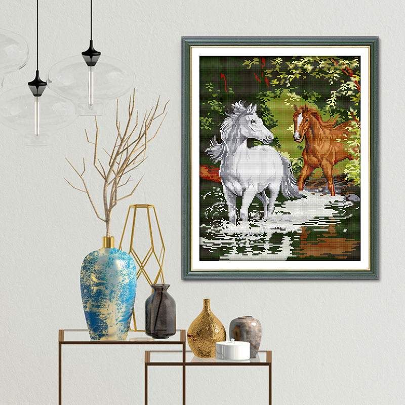 Two Horses Running Handmade Cr - Embroidery Running Stitch ulasan dan harga